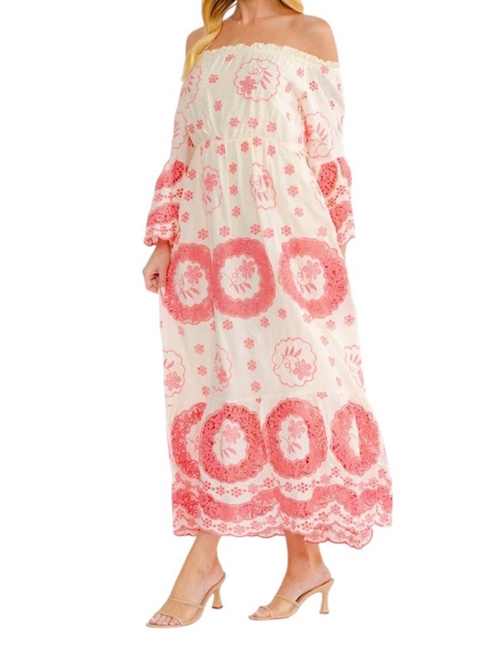 Dresses & Skirts - Crochet Eyelet Embroidered Boho Off/Partially On Shoulder Maxi Dress